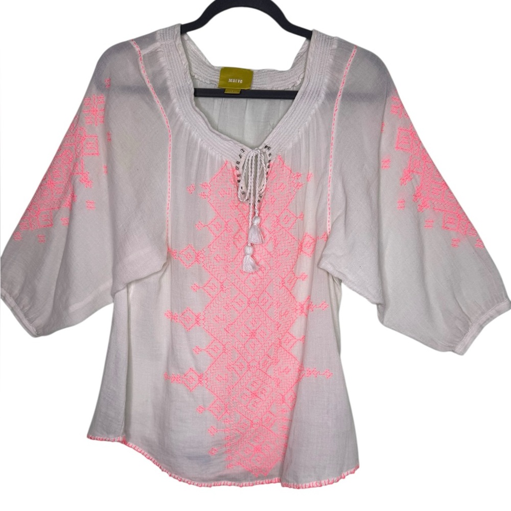 Maeve White Embroidered Hot Pink Top Blouse Tassel Tunic Shirt Size 2